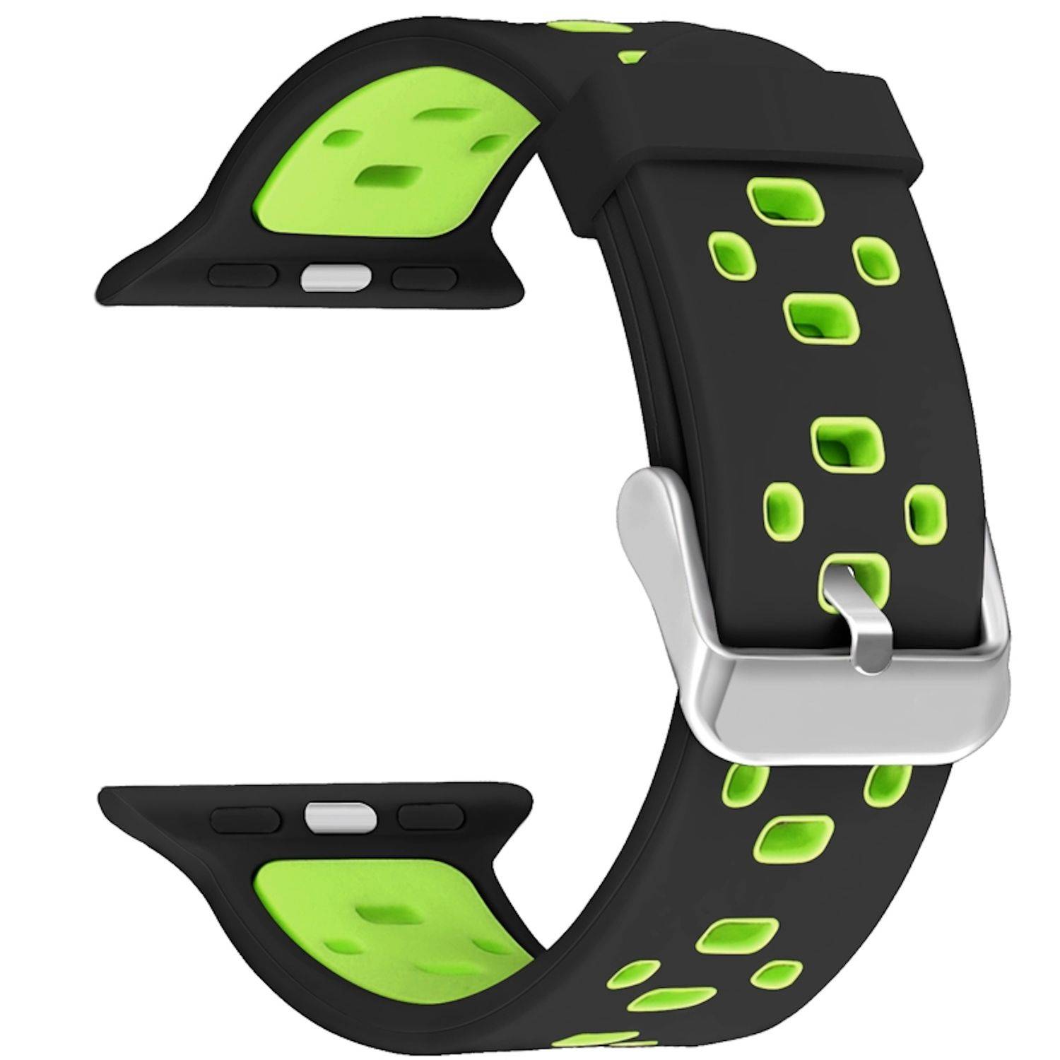 Schwarzes und neongrünes Smartwatch-Armband mit silberner Schnalle, offen auf weißem Hintergrund dargestellt.
