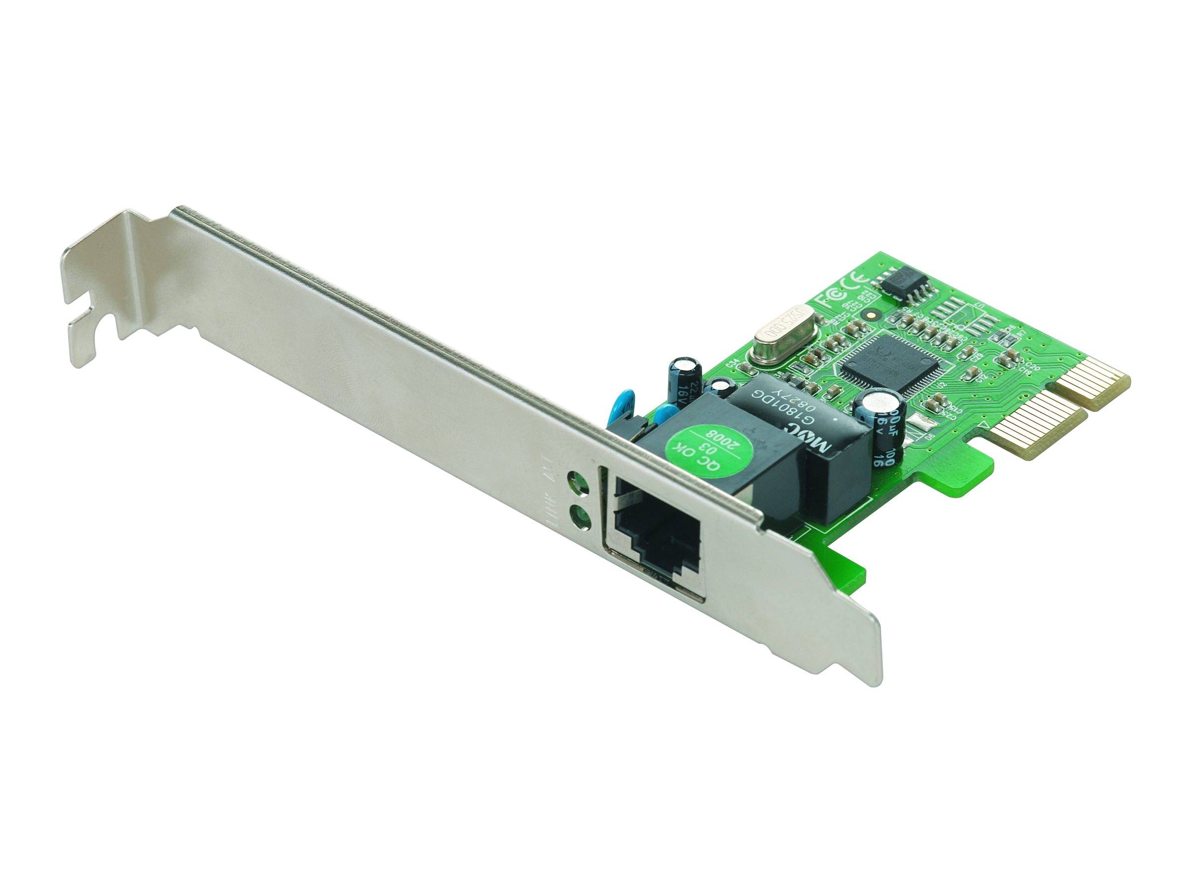Eine PCI-Netzwerkschnittstellenkarte mit einem Ethernet-Anschluss und metallischer Montageklammer auf weißem Hintergrund.