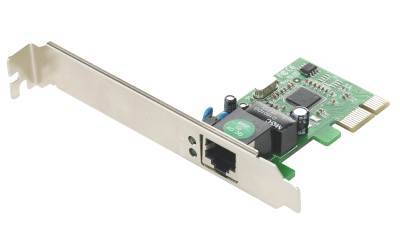 Ethernet-Netzwerkadapter mit Metallhalterung und RJ-45-Anschluss zum Verbinden eines Computers mit einem kabelgebundenen Netzwerk.