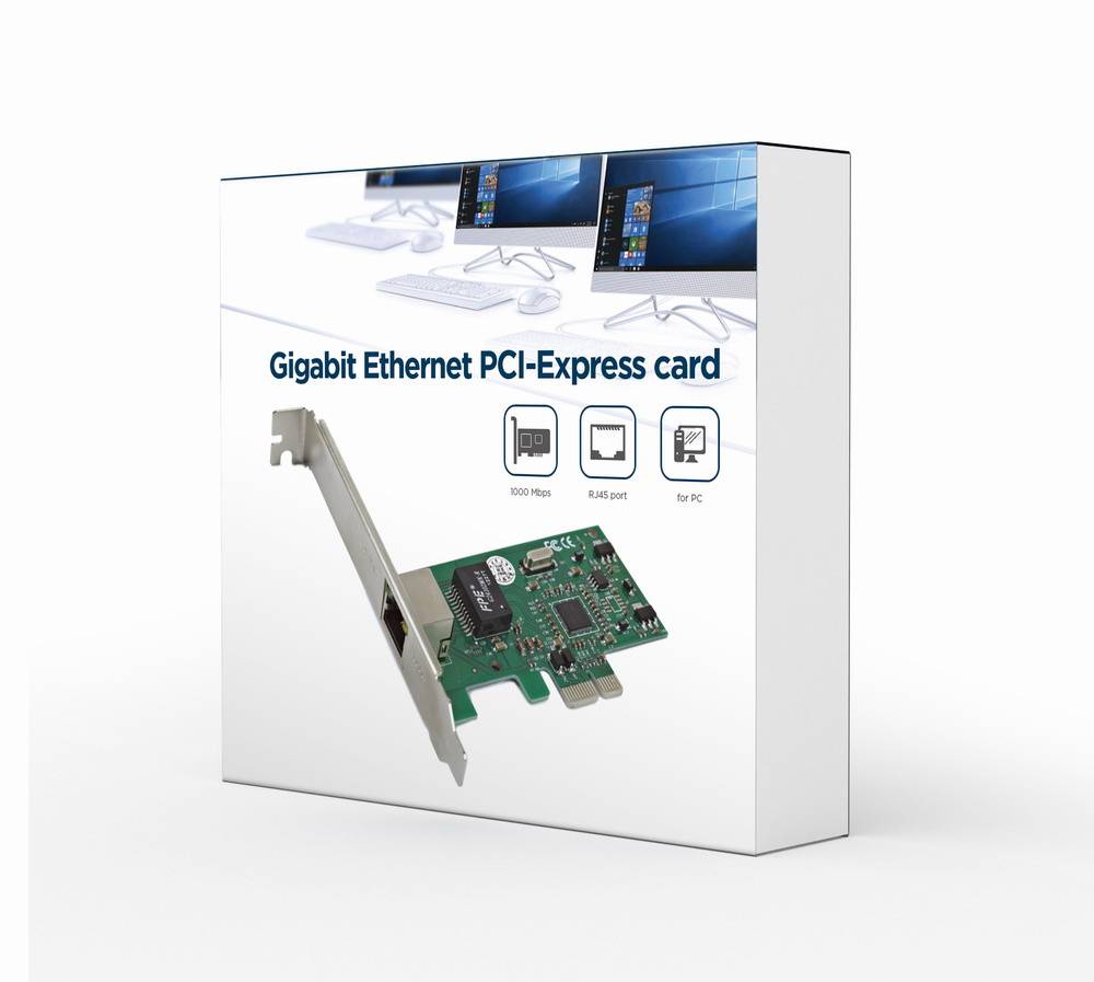Schachtverpackung für eine Gigabit-Ethernet-PCI-Express-Karte mit Darstellung des Adapters und Symbolen für 1000 Mbps, RJ-45-Anschluss und PC-Verwendung.