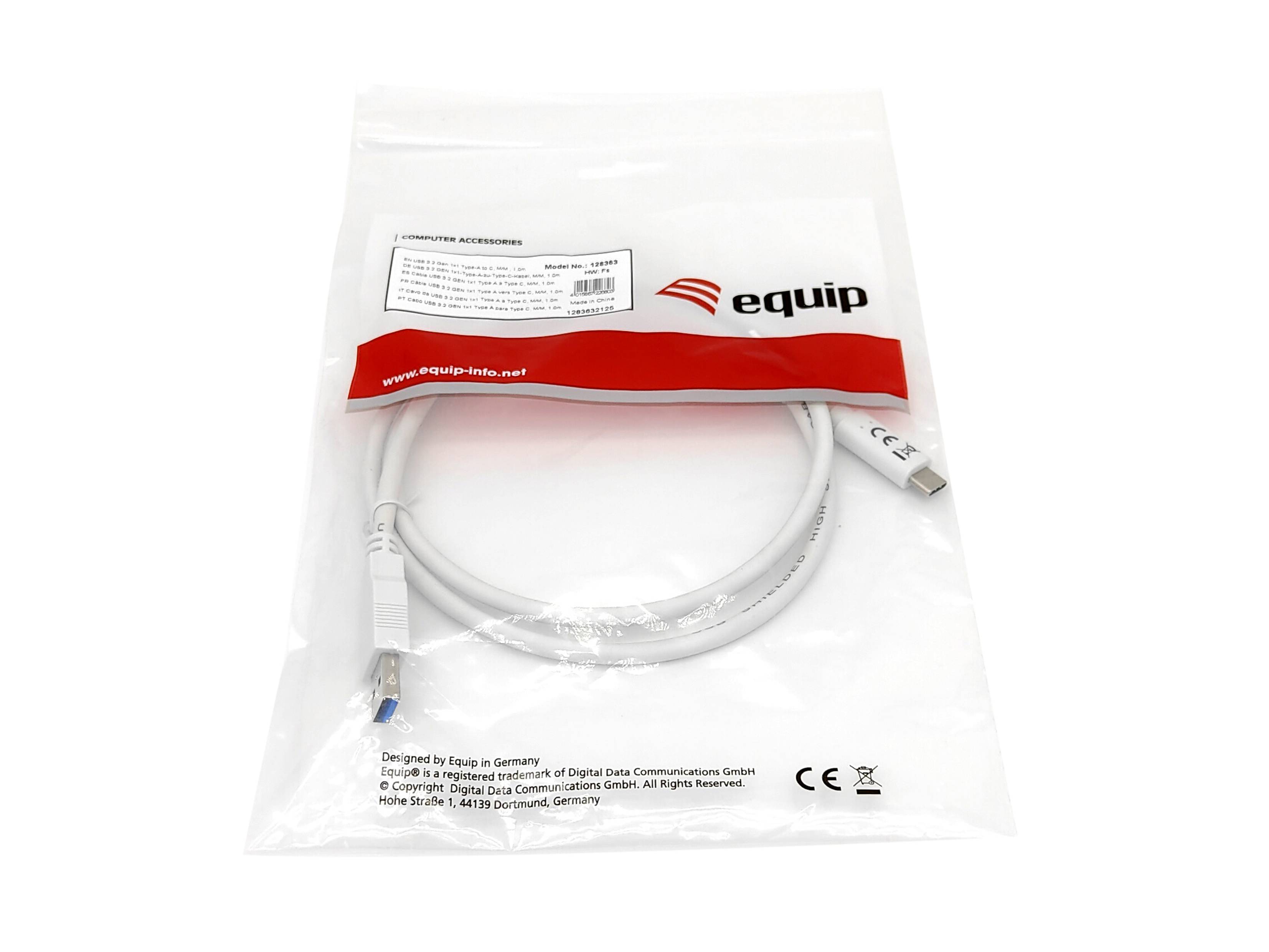 In Kunststoff verpacktes weißes USB-Kabel in Equip-Originalverpackung, mit sichtbaren USB-A- und USB-C-Anschlüssen.