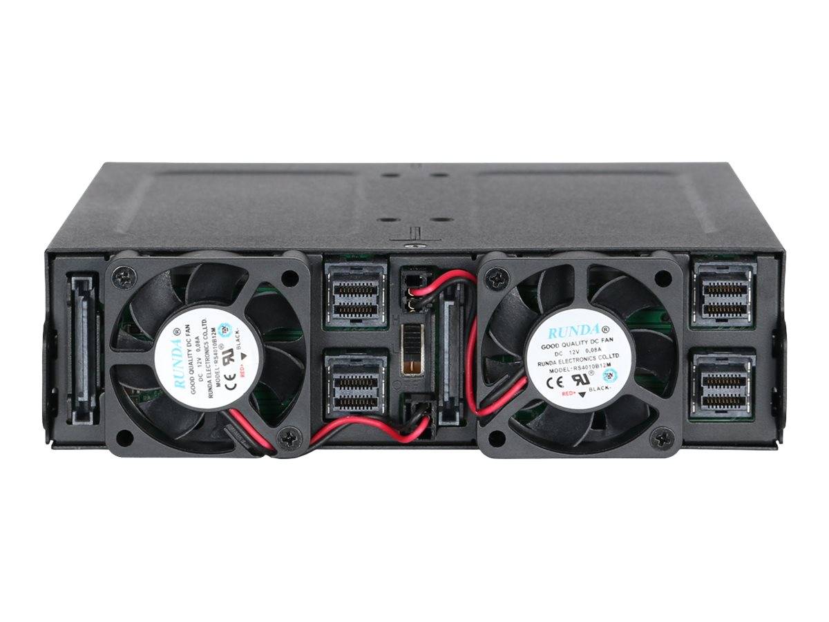 Vorderansicht eines schwarzen elektronischen Geräts mit zwei Kühlventilatoren, mehreren Anschlüssen und einem zentralen Stecker auf weißem Hintergrund.