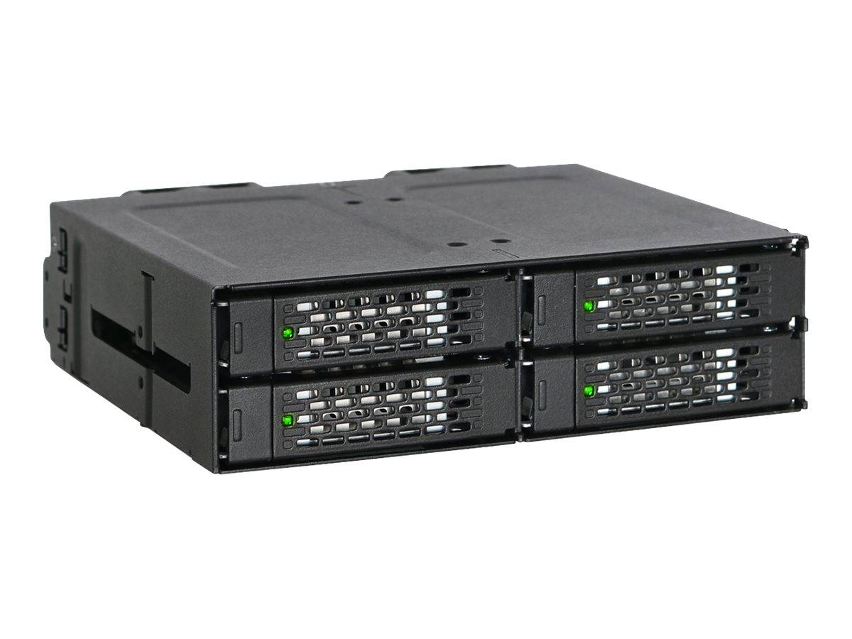 Schwarzes Rack-Mount-Server-Gehäuse mit vier Hot-Swap-Laufwerkschächten und vorderen Statusleuchten, gezeigt auf weißem Hintergrund.