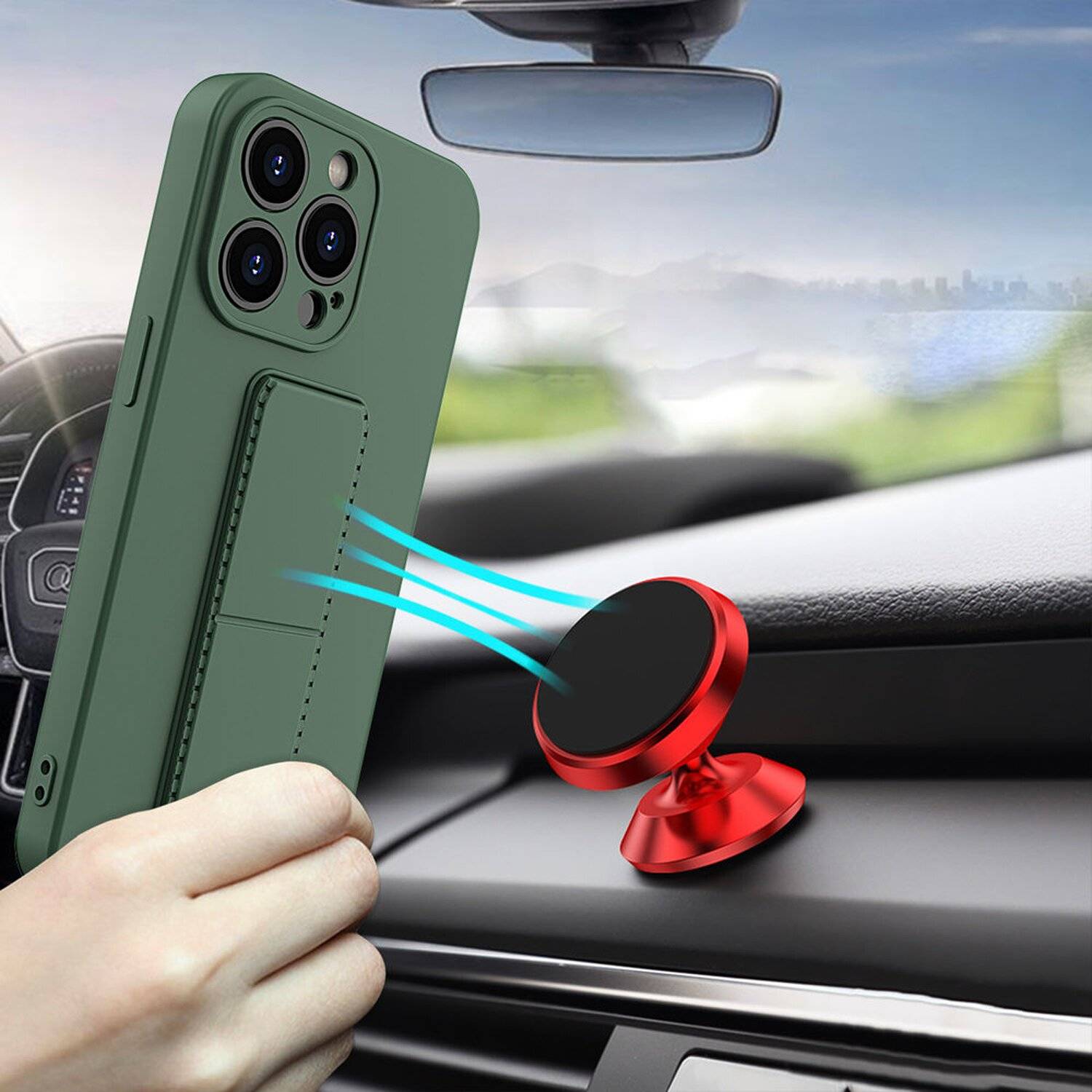 Kickstand Hülle Bumper aufstellbar für iPhone 13 Pro Max Silikon Hard Case Schutz mit integriertem Magneten Navy Blau