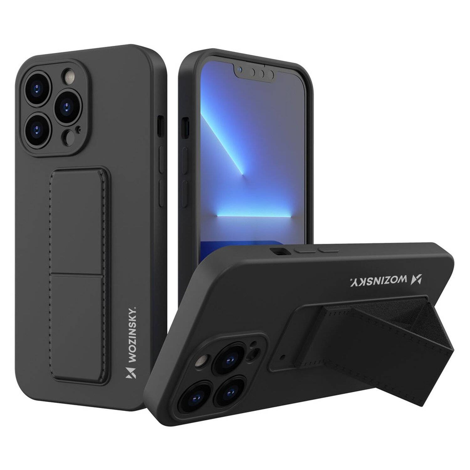 Kickstand Hülle Bumper aufstellbar für iPhone 13 Pro Silikon Hard Case Schutz mit integriertem Magneten Schwarz