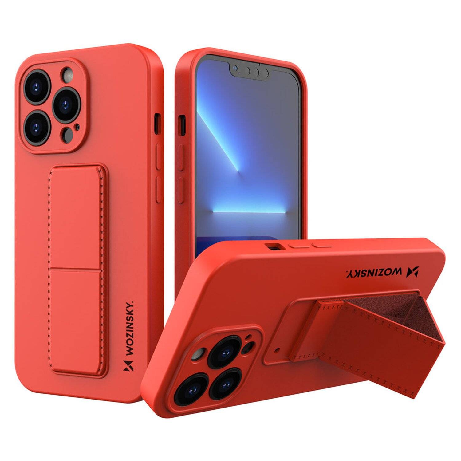 Kickstand Hülle Bumper aufstellbar für iPhone 13 Pro Silikon Hard Case Schutz mit integriertem Magneten Rot