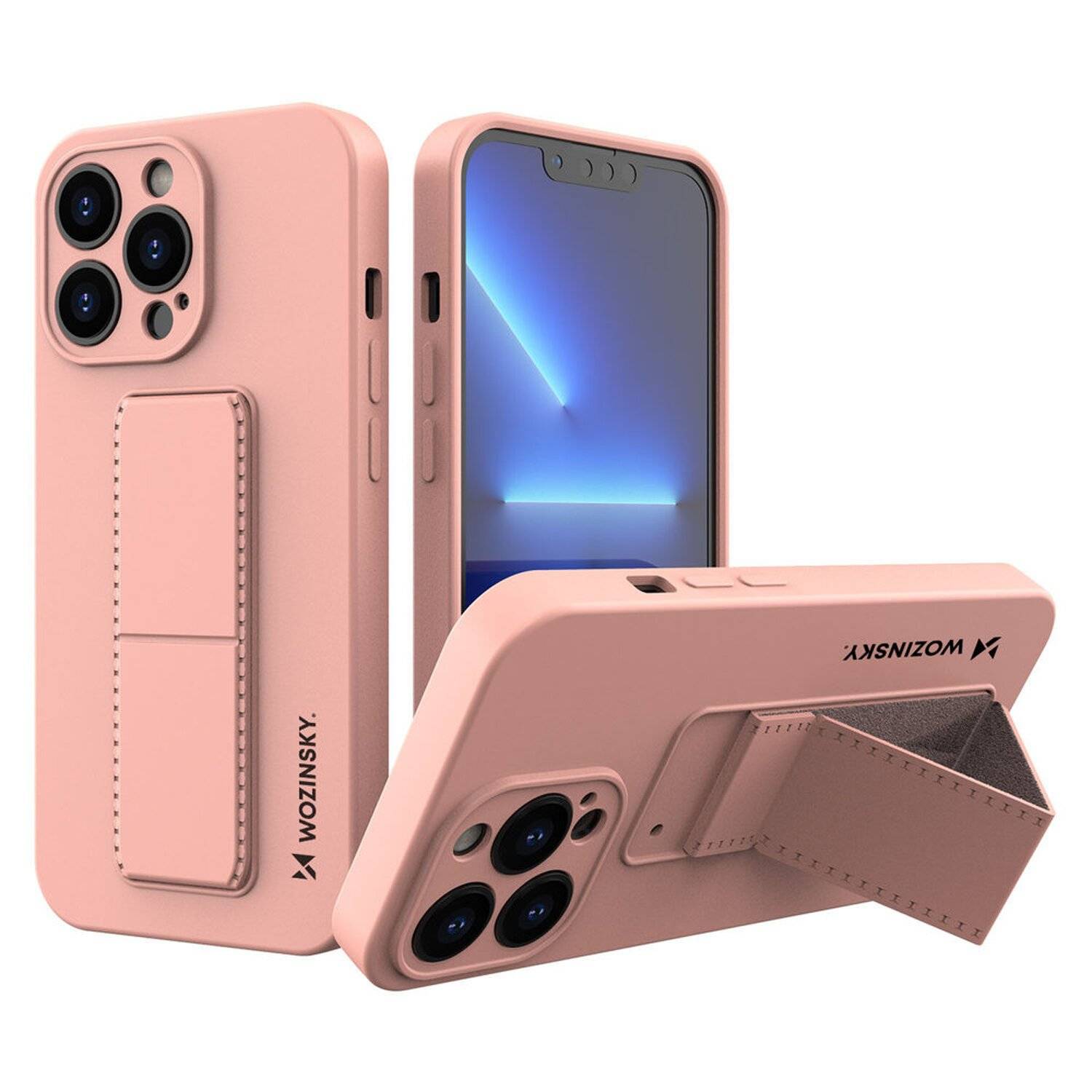 Kickstand Hülle Bumper aufstellbar für iPhone 13 Pro Silikon Hard Case Schutz mit integriertem Magneten Rosa