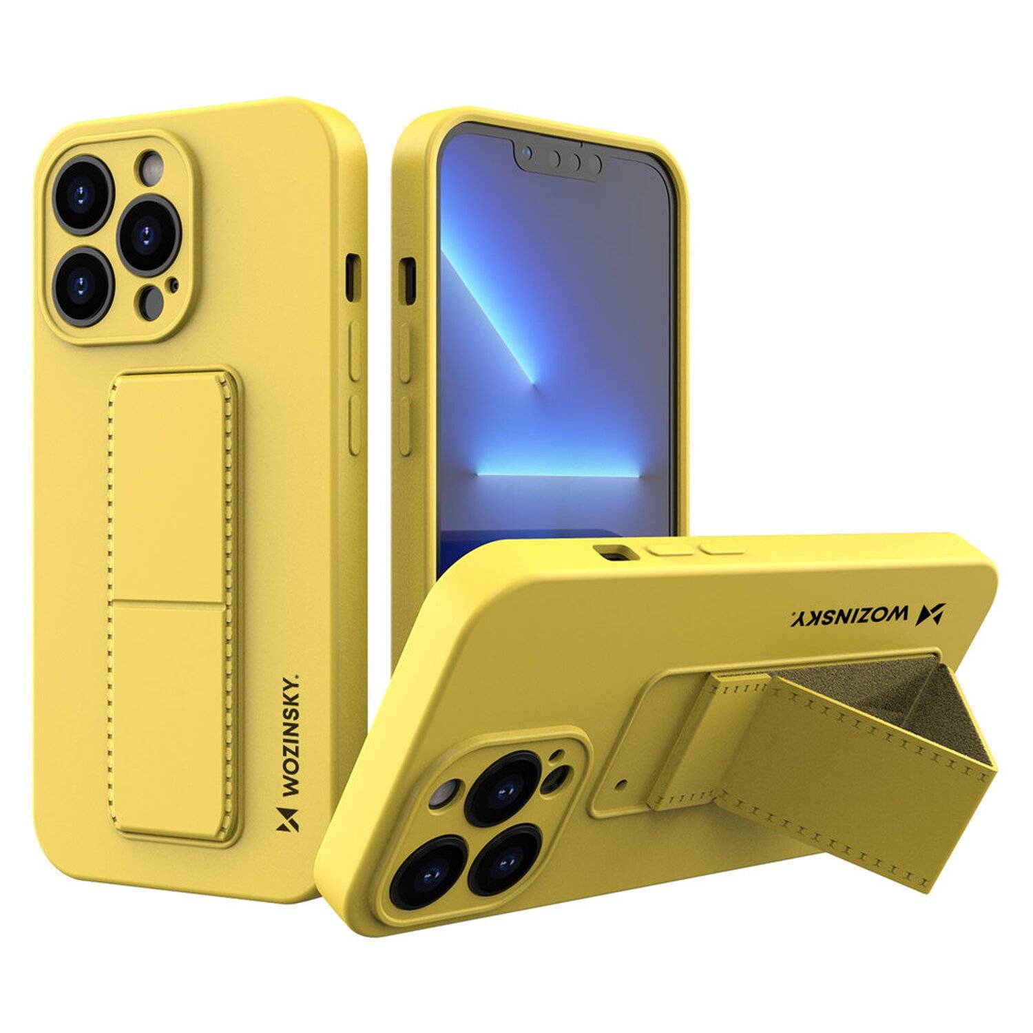 Kickstand Hülle Bumper aufstellbar für iPhone 13 Silikon Hard Case Schutz mit integriertem Magneten Gelb
