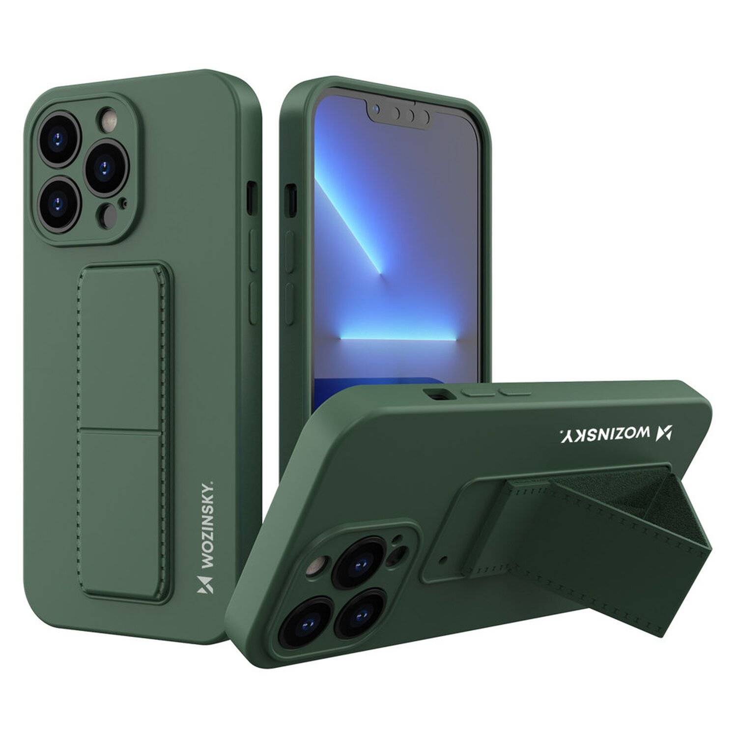 Kickstand Hülle Bumper aufstellbar für iPhone 13 Mini Silikon Hard Case Schutz mit integriertem Magneten Dunkel Grün