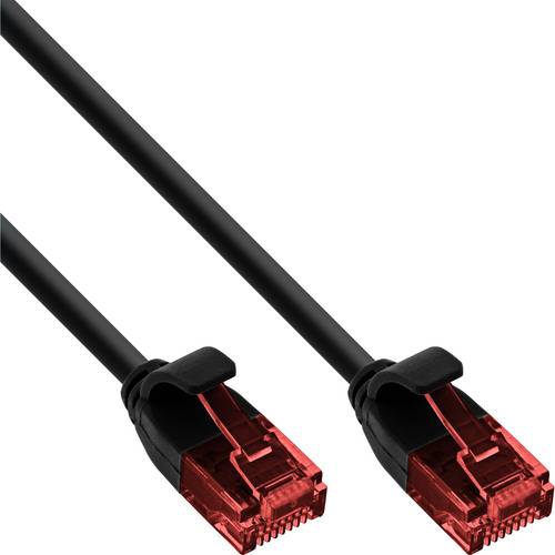 Ein schwarzes Ethernet-Kabel mit roten Steckern an beiden Enden, das für Netzwerkverbindungen verwendet wird.