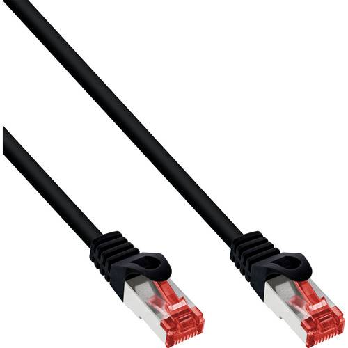 Ein schwarzes Ethernet-Kabel mit roten Steckern an beiden Enden, das für Netzwerkverbindungen verwendet wird.