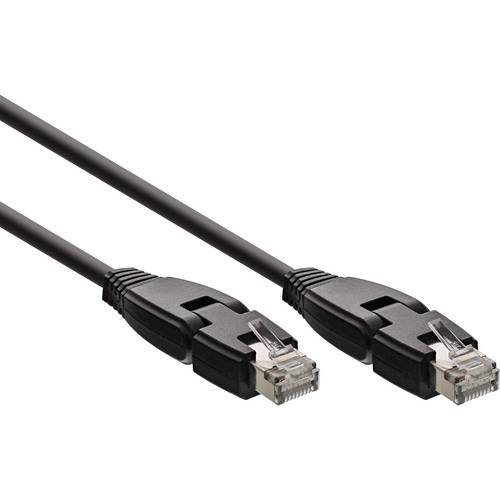 Zwei schwarze Ethernet-Kabel mit RJ-45-Steckern, verwendet für Netzwerkverbindungen.