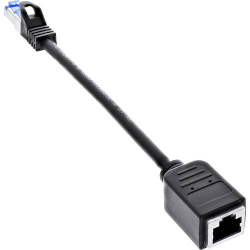 Ethernet-Cat5e-Inline-Kopplerkabel mit männlichem RJ45-Stecker und weiblicher Buchse, verwendet zur Verlängerung von Netzwerkverbindungen.