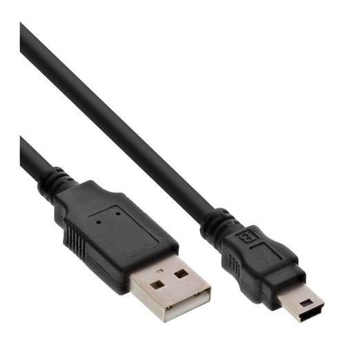 Ein USB-Kabel mit einem A-Typ-Stecker auf der einen Seite und einem Mini-B-Stecker auf der anderen Seite.