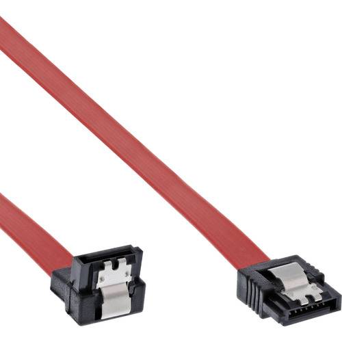 Ein rotes SATA-Kabel mit schwarzen Steckern wird gezeigt, das zum Verbinden von internen Computerspeichergeräten wie Festplattenlaufwerken und SSDs verwendet wird.