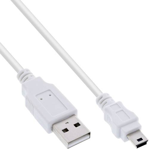 Ein weißes USB-Kabel mit einem Standard-USB-A-Anschluss an einem Ende und einem Mini-USB-Anschluss am anderen Ende, das für Datenübertragung oder Laden verwendet wird.