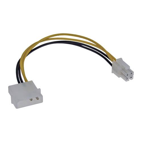 Ein Computerkabeladapter mit einem weißen 4-poligen Stecker an einem Ende und einem schwarzen 6-poligen Stecker am anderen Ende, verbunden durch gelbe und schwarze Drähte.