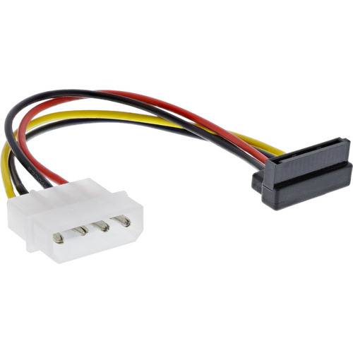 Ein Molex-zu-SATA-Stromkabeladapter mit drei Drähten: schwarz, rot und gelb, wird verwendet, um eine ältere Stromversorgung mit einem SATA-Laufwerk zu verbinden.