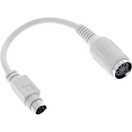 Ein weißes PS/2-Y-Splitter-Kabel mit zwei Anschlüssen, einem Stecker und einer Buchse, das zum Verbinden von PS/2-Geräten mit einem Computer verwendet wird.