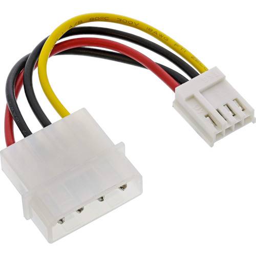 Molex-zu-4-Pin-Stromstecker-Adapter mit roten, schwarzen und gelben Kabeln für die Montage oder Modifikation von Computerhardware.