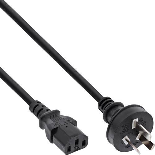 Ein schwarzes Stromkabel mit einem dreipoligen Stecker auf der einen Seite und einem C13-Anschluss auf der anderen Seite, das zum Anschluss von Geräten an Stromquellen verwendet wird.