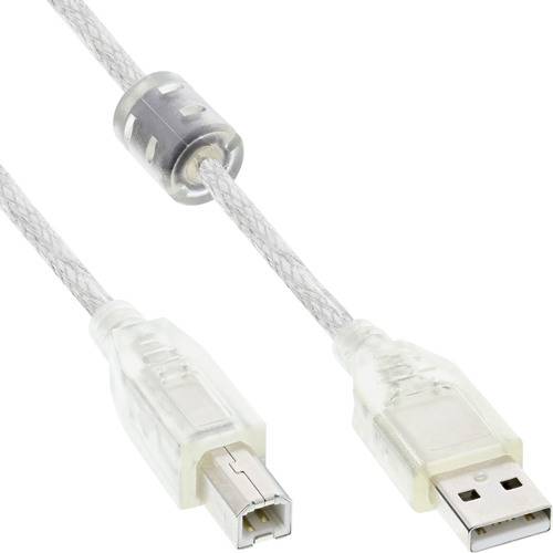 Ein transparentes USB-Kabel mit einem Ende, das einen USB-Typ-A-Stecker zeigt, und dem anderen Ende, das einen USB-Typ-B-Stecker zeigt, das zum Verbinden von Geräten verwendet wird.