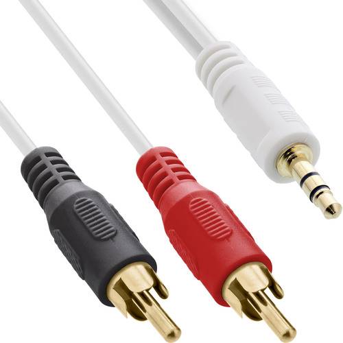 Drei Audiokabel: eine weiße 3,5-mm-Buchse und zwei RCA-Stecker (einer rot, einer schwarz), die zum Verbinden von Audiogeräten verwendet werden.