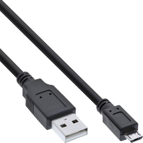 Ein schwarzes USB-auf-Micro-USB-Kabel mit Steckverbindern an beiden Enden, das ein typisches Lade- oder Datentransferzubehör zeigt.