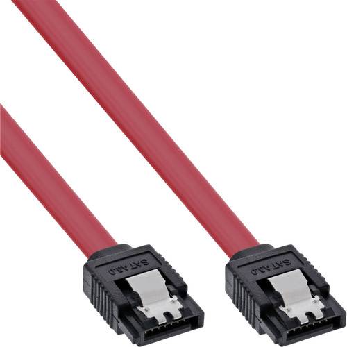 Rote SATA-Kabel mit schwarzen Steckverbindern an beiden Enden, die zum Anschließen von Speichergeräten wie Festplattenlaufwerken oder SSDs an ein Motherboard verwendet werden.