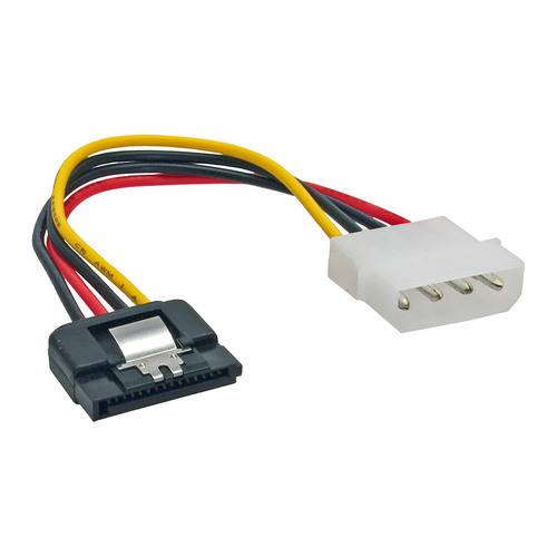 Ein SATA-zu-Molex-Stromadapterkabel mit einem schwarzen SATA-Anschluss an einem Ende und einem weißen Molex-Anschluss am anderen Ende, mit roten, gelben und schwarzen Drähten.