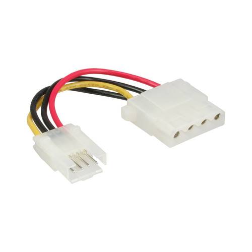 Ein weißer 4-poliger Molex-Stromstecker und ein kleinerer 4-poliger Stecker mit roten, gelben und schwarzen Drähten, typischerweise in der Computerhardware verwendet.