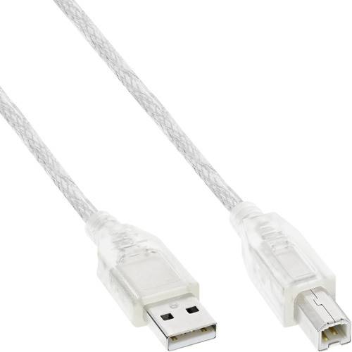 Ein transparentes USB-Kabel mit einem Standard-Typ-A-Stecker auf einer Seite und einem quadratischen Typ-B-Stecker auf der anderen Seite, das häufig für Drucker verwendet wird.