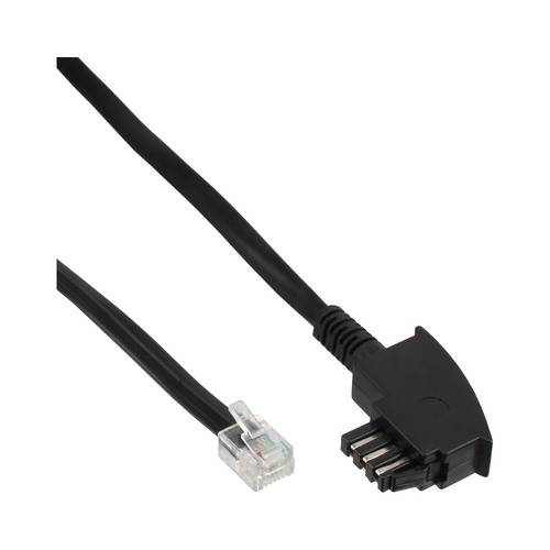 Ein schwarzes Telefonhörer-Verbindungskabel mit RJ11-Steckern an beiden Enden, das zum Anschluss eines Telefons an die Wandsteckdose verwendet wird.