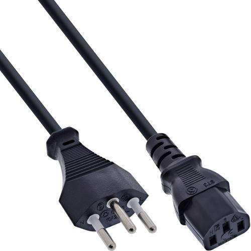 Ein schwarzes Stromkabel mit einem dreipoligen Stromstecker auf der einen Seite und einem dreipoligen Stecker auf der anderen Seite, verwendet zum Verbinden von Geräten.