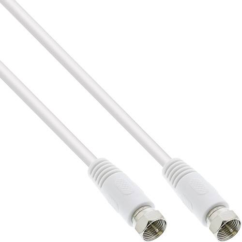 Ein weißes koaxiales Kabel mit zwei Gewinde-Metallsteckern an jedem Ende, geeignet zum Anschluss von Fernsehgeräten oder Kabelmodems.