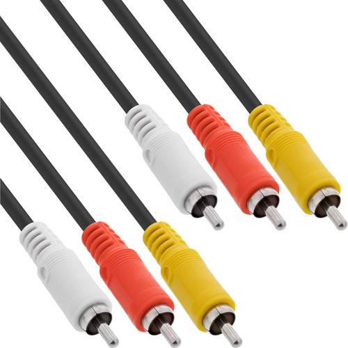 Drei Sätze RCA-Kabel mit schwarzen Schnüren, jeder Satz hat einen weißen, einen roten und einen gelben Stecker, typischerweise für Audio/Video verwendet.