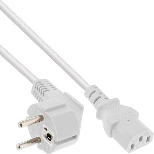 Ein weißes europäisches Stromkabel mit Stecker und Buchse, das den Stecker mit zwei runden Stiften und das Buchsenende zeigt, das für elektrische Verbindungen verwendet wird.