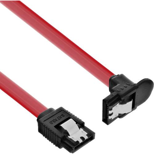 Ein rotes SATA-Kabel mit Anschlüssen an beiden Enden, das zum Verbinden von Speichergeräten im Inneren eines Computers verwendet wird.