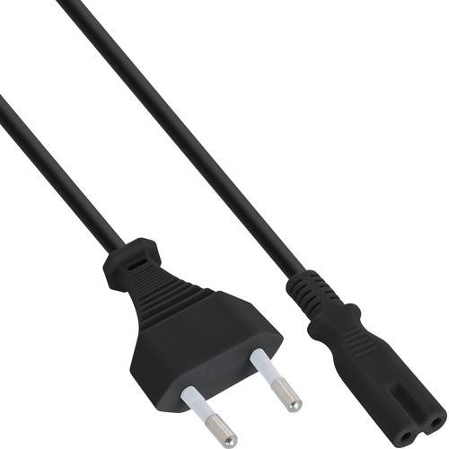 Ein schwarzes europäisches zweiadrig Stromkabel mit Stecker und Buchsenseite, das zum Anschluss von elektrischen Geräten an Stromquellen verwendet wird.