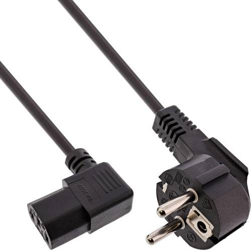 Ein schwarzes abgewinkeltes Stromkabel mit einem dreipoligen Stecker an einem Ende und einer rechteckigen Buchse am anderen Ende, das für die elektrische Verbindung verwendet wird.