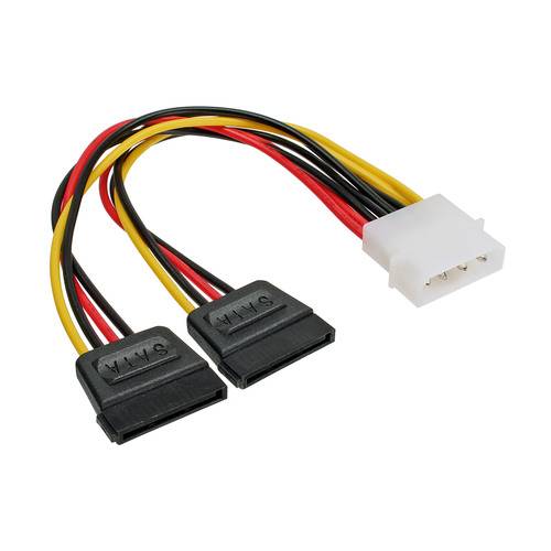 Ein SATA-Stromverteiler-Kabel mit einem weißen 4-poligen Molex-Stecker und zwei schwarzen SATA-Steckern, mit roten, gelben und schwarzen Drähten.