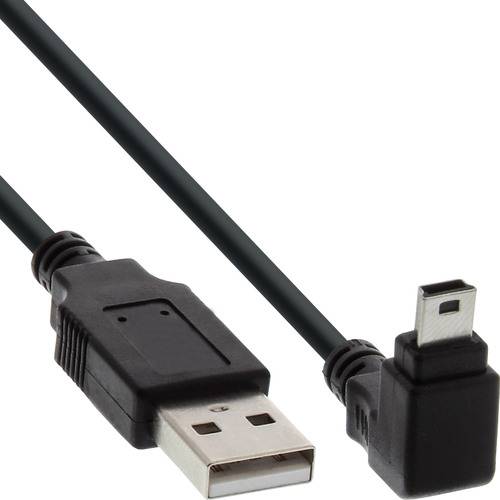 Ein schwarzes USB-Kabel mit einem Standard-USB-A-Stecker auf der einen Seite und einem abgewinkelten USB-Micro-B-Stecker auf der anderen Seite.