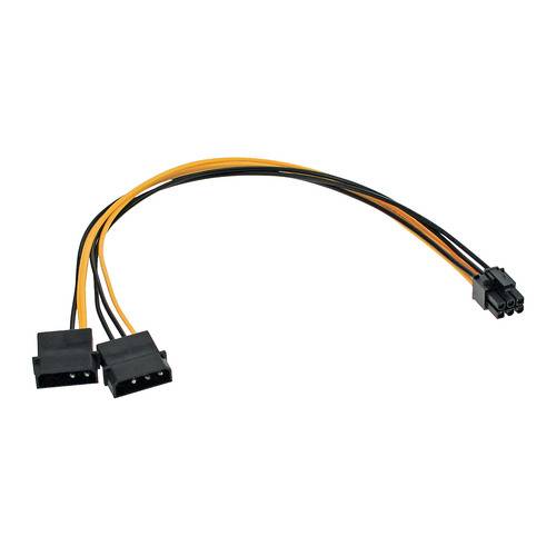 Ein Computerkabel mit zwei schwarzen Steckverbindern an einem Ende und einem einzelnen Stecker am anderen Ende, mit orangefarbenen und schwarzen Drähten dazwischen.