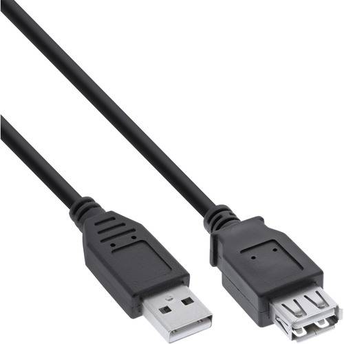 Ein schwarzes USB-Verlängerungskabel mit einem männlichen USB-A-Stecker an einem Ende und einem weiblichen USB-A-Anschluss am anderen Ende.