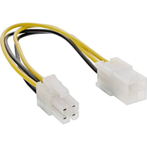 Ein vierpoliger CPU-Stromstecker mit gelben und schwarzen Drähten, der häufig in Stromversorgungen von Computern für Motherboard-Verbindungen verwendet wird.