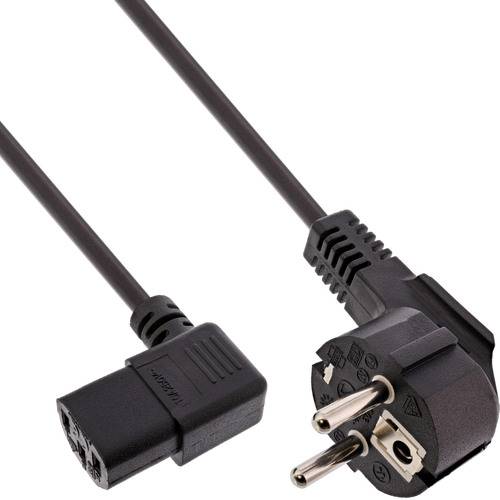 Ein L-förmiges Stromkabel mit einem dreipoligen europäischen Steckverbinder, geeignet zum Anschließen von elektronischen Geräten an eine Stromquelle.