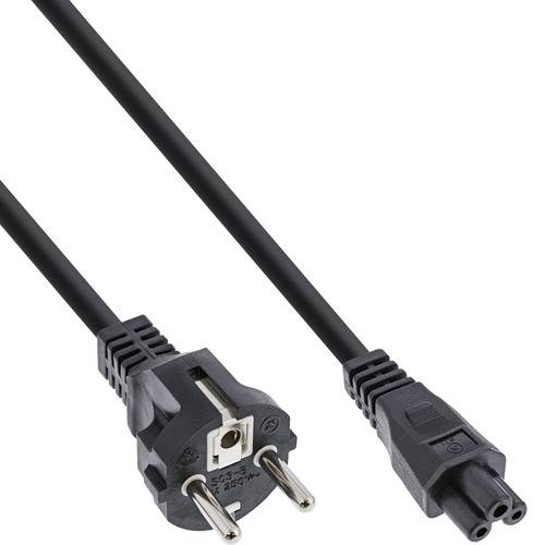 Schwarzes europäisches Stromkabel mit Stecker und Verbindungskabel, das die zwei runden Stifte des Steckers und die drei Schlitze des Verbinders zeigt.