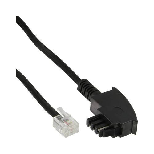 Ein schwarzes bidirektionales Telefon-Splitterkabel mit RJ11-Steckern an beiden Enden, das zum Verbinden mehrerer Telefonleitungen verwendet wird.