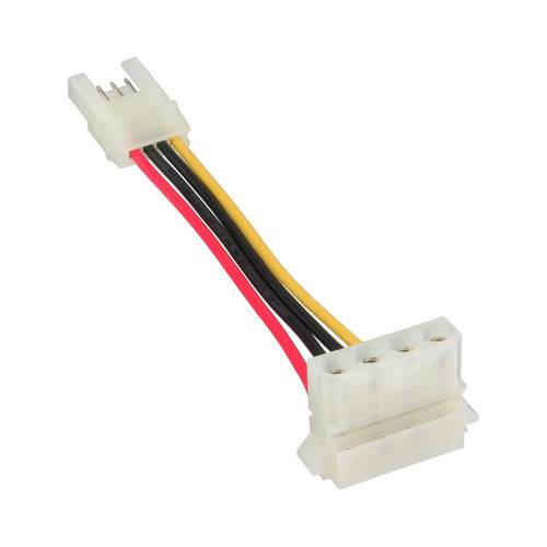 Ein Vier-Pin-Stromstecker für Computer mit gelben, schwarzen und roten Leitungen zum Anschluss von internen Komponenten.