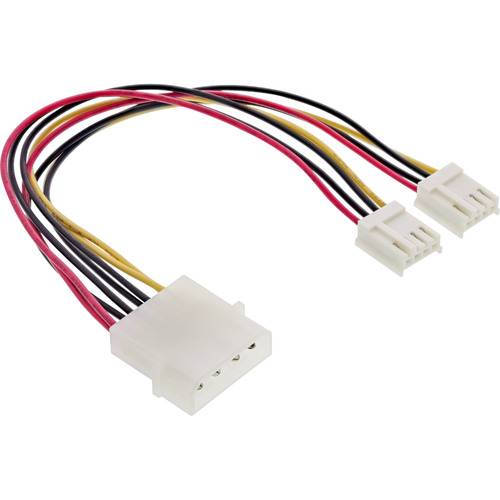 Ein vierpoliger Molex-Stromstecker teilt sich in zwei dreipolige Stecker auf, mit roten, gelben und schwarzen Drähten für Computerhardware-Verbindungen.
